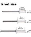 Diagram showing sizes of Watertight Closed End Aluminum Blind Rivets With Steel Mandrel, 3/8, 1/2, and 5/8 inch, dome head.