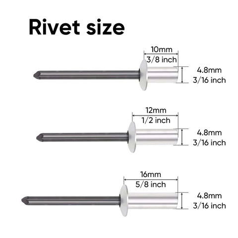 Diagram showing sizes of Watertight Closed End Aluminum Blind Rivets With Steel Mandrel, 3/8, 1/2, and 5/8 inch, dome head.