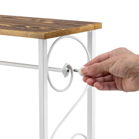 Assembly of White Metal Bathroom Organizer With Scrollwork And Wood Top Shelf Magazine Basket And Towel Storage Stand