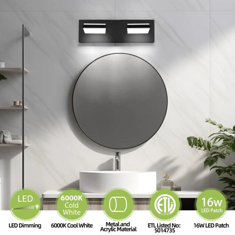 Two Light Bathroom Vanity Light In Matte Black Modern 16W LED Dimmable Over Mirror With 350 Degree Adjustable Head Cold White 6000K ETL Listed 15.5 Inch over round mirror in bathroom display