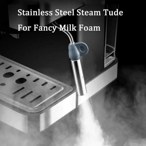 Close-up of stainless steel steam tube on semi automatic espresso machine with built in milk frother for barista style lattes