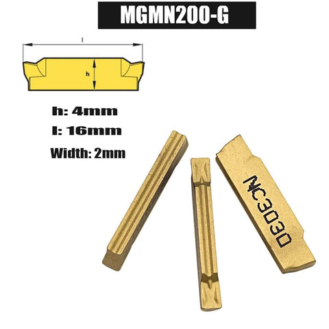 Front view of GBJ MGMN200-G tin-coated carbide grooving inserts, 2mm wide, 10pc set