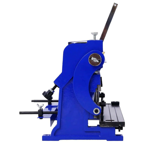 Side view of blue 3-In-1 Sheet Metal Brake 12-Inch Workhorse Combo Shear Brake Roll Machine For Pro Shops, 20-Gauge Capacity