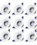 9 Pack Led Recessed Downlights Beefy Aluminum Housing Slick Heat Transfer Moisture Resistant Cable Links 25 Watt Warm White Can Lamps arranged in a grid.