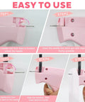 Handheld Stitch Gun step-by-step guide for easy garment repairs, part of a pink sewing kit with 6 needles and 4000 fasteners.