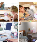 Cute Pink Desk Lamp With USB Charging Port, Pen Holder And Phone Stand in various room settings with children and students