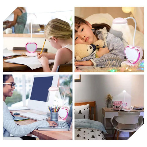 Cute Pink Desk Lamp With USB Charging Port, Pen Holder And Phone Stand in various room settings with children and students