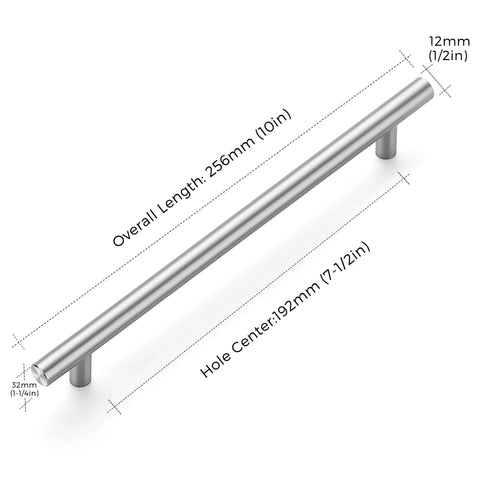 Brushed Nickel Cabinet Handles 10 Pack, Seven And One Half Inch Center To Center, Ten Inch Overall Length, Half Inch Diameter, Stain Resistant