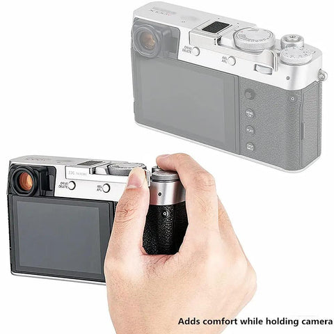 Deluxe Metal Thumb Up Grip For Fuji X100V X100F X-E4 X-E3 Cameras held in hand, demonstrating secure hold and comfortable handling.