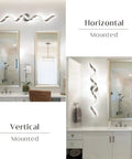 Dimmable Modern LED Vanity Light 32 Inch Spiral Design Over Mirror Wall Fixture For Bathroom Bedroom And Living Room, 20W, 6000K White Light, Horizontal Or Vertical Mount, Sleek Dope Contemporary Glow shown horizontally and vertically mounted over mirrors in a bathroom.