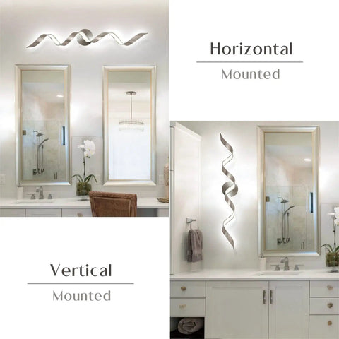 Dimmable Modern LED Vanity Light 32 Inch Spiral Design Over Mirror Wall Fixture For Bathroom Bedroom And Living Room, 20W, 6000K White Light, Horizontal Or Vertical Mount, Sleek Dope Contemporary Glow shown horizontally and vertically mounted over mirrors in a bathroom.