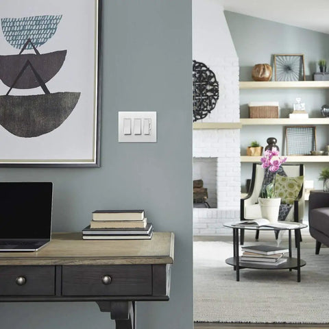 Living room with 15 Amp White Rocker Wall Switch, 3 Way Decorator Light Switch for Single Pole and 3 Location Control on wall.