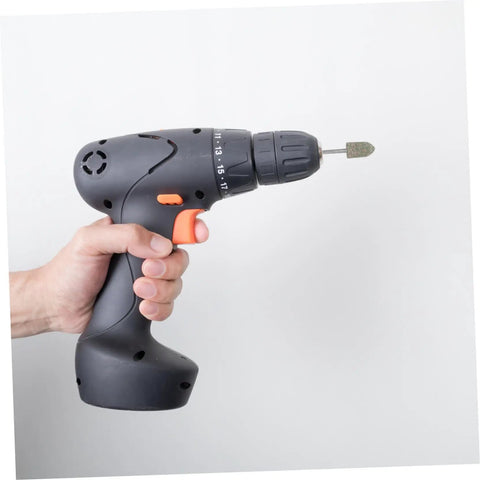 Hand holding a rotary tool with a Pro Grade Polishing Buffing Wheel Bits Kit For Rotary Tools Mixed Materials 100 Pieces attached.