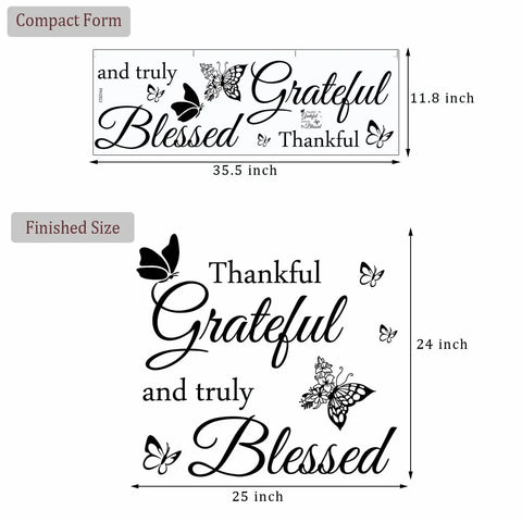 Image showcasing Thankful Grateful And Truly Blessed Inspirational Quote Vinyl Wall Decor dimensions and layout.