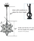 14 Inch Star Pendant Light With Seeded Glass Shade, Adjustable Hanging Chain, Dimmable Ceiling Fixture dimensions and chain detail