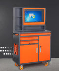 Slick Heavy Duty Tool Computer Cabinet Cart With Double Metal Drawers Rolling Workshop Rig Featuring Secured Monitor Window For Large Screens Up To 27 Inches, orange and gray design, with monitor and multiple storage drawers.