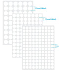 White Screw Hole Cover Set Including 290 Pieces In Three Sizes 12mm 15mm And 21mm Self Adhesive PVC Caps shown in size chart.