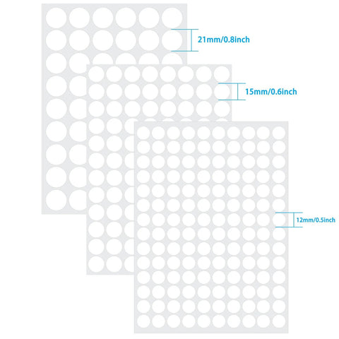 White Screw Hole Cover Set Including 290 Pieces In Three Sizes 12mm 15mm And 21mm Self Adhesive PVC Caps shown in size chart.