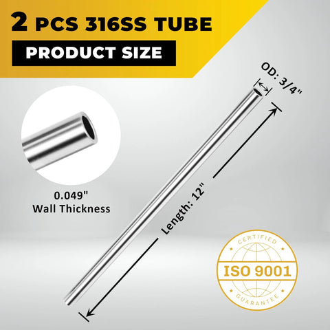 2-piece 316 stainless steel corrosion resistant tube, 3/4 inch OD, 12 inch length with 0.049 inch wall thickness, ideal for marine use.