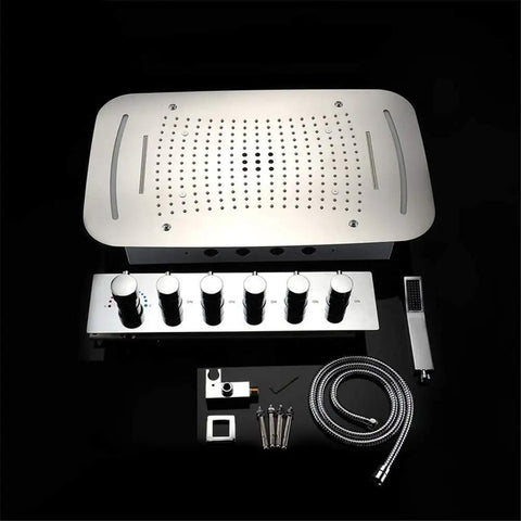 Straight Up Luxury Ceiling Mount Shower System With Remote Led Head And Mist Waterfall Spray Boasting Smart Temp Control And Heavy Duty Rust Proof Body For No Sweat Game Changer Spa Vibes parts flat lay view with chrome finish and knobs.