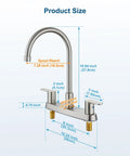 Top Shelf 8 Inch Centerset Kitchen Faucet With Dual Handles And High Arc 360 Swivel Spout In Sleek Brushed Nickel dimensions and measurements.