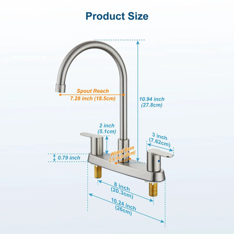 Top Shelf 8 Inch Centerset Kitchen Faucet With Dual Handles And High Arc 360 Swivel Spout In Sleek Brushed Nickel dimensions and measurements.