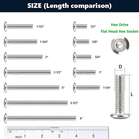 Size comparison of Heavy-Duty 1/4-20 X 1/2 Inch Flat Head Socket Cap Screws 304 Stainless Steel in various lengths.