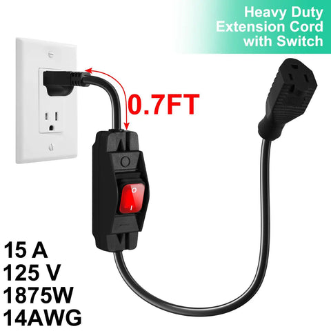 Outdoor Waterproof On Off Switch Extension Cord Heavy Duty 125V 250V SJTW 14 AWG Black Cable 1.5 Feet with quick toggle control.