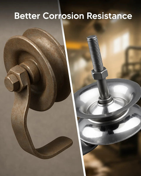 Two Pack Five Inch Sliding Gate Rollers With Galvanized Steel Wheel For One And Five Eighths Inch Pipe Track Outdoor Rustproof Smooth And Quiet For Fence Gate Or Yard Sliding Doors Easy Three Minute Installation For DIY Novices showing comparison with corroded roller.