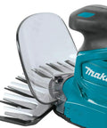 Close-up of 18V LXT Cordless Grass Shear with Hedge Trimmer Blade, clear guard, blue casing