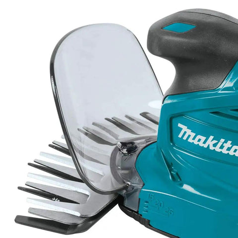 Close-up of 18V LXT Cordless Grass Shear with Hedge Trimmer Blade, clear guard, blue casing