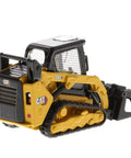 CAT 259D3 Compact Track Loader Diecast Model With Bucket Fork Grapple And Light Material Bucket Attachments Dope Collectible Display Piece For Model Collectors, rear view with grapple attachment.