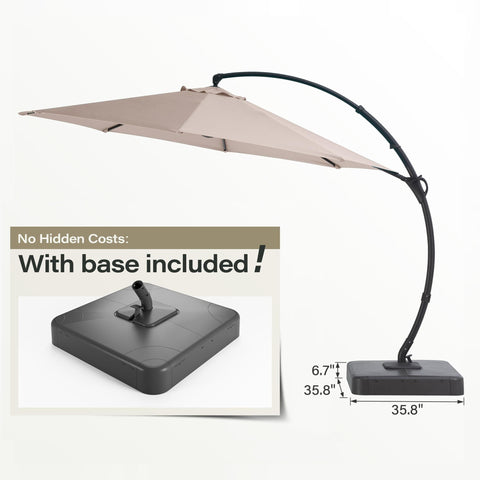 Beige 11 Ft Deluxe Cantilever Outdoor Umbrella With Base Included, showcasing heavy-duty rotating offset patio shade.