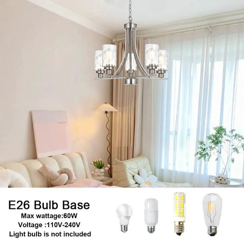 Five Light Modern Chandelier in Brushed Nickel Finish With Clear Hammered Glass Pendants Ready To Hang Ideal for Kitchen Island Dining Room