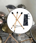 Versatile Portable Adjustable Wooden Handpan Drum Stand With Slick Travel Storage Bag shown with tripod frame and travel bag.