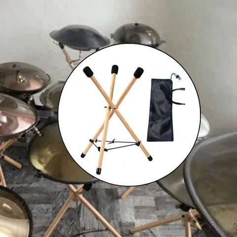 Versatile Portable Adjustable Wooden Handpan Drum Stand With Slick Travel Storage Bag shown with tripod frame and travel bag.
