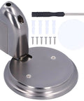 Get Your Door Locked Tight With This Sleek Push Type Door Stop Catch Made From Heavy Duty Zinc Alloy. Black Finish Fits Any Spot. Two Piece Design Holds Doors Wide Open So You Can Chill Without Nudging Walls Or Hurts Fingers And Keeps Your Space Safe. - Image showing door stop catch with screws and screwdriver.