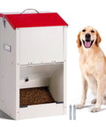 Heavy Duty Automatic Dog Feeder For Large Dogs With 25lb Gravity Bowl Clear Window View And Easy Push Gate Design For Big Hounds And Hustling Pet Parents Daily next to a golden retriever.
