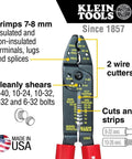 American Made Multi Tool Wire Stripper Cutter And Crimper For 8-22 AWG with dual wire cutters and insulated handles on display