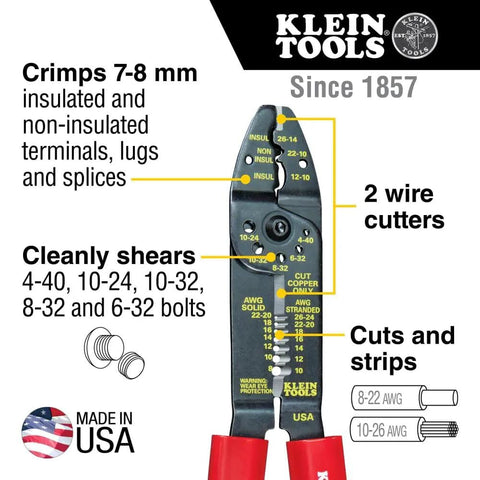 American Made Multi Tool Wire Stripper Cutter And Crimper For 8-22 AWG with dual wire cutters and insulated handles on display