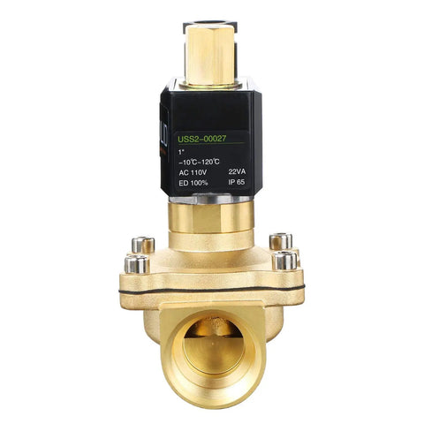 Front view of Brass Electric Solenoid Valve 12V DC Normally Open 1 Inch NPT Thread With Viton Seals, Heavy Duty Brass Body.