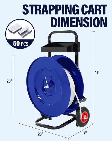 Heavy Duty Strapping Dispenser Cart With Fifty Packing Buckles And Solid Emergency Brake, Welded Steel Pallet Wrapping Trolley with blue reel.