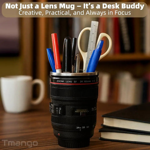 Camera Lens Coffee Mug With Clear Lid And Spoon, Lightweight Lens Cup Replica For Photographers, used as pen holder on desk