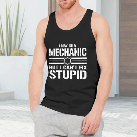 Mens Graphic Muscle Tank Top Featuring Witty Garage Boss Quote 100 Percent Comfy Cotton Tee For Gym Grinds And Sunday Chill Lightweight Fitted Sleeveless Workout Shirt Fresh Threads in black, worn by man outdoors.