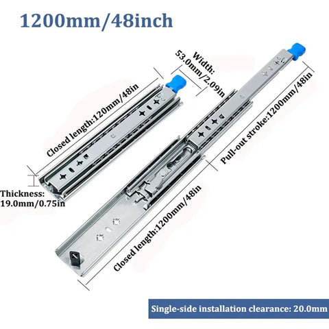 Beefy Heavy Duty 48 Inch Locking Drawer Slides 260 Lb Capacity Full Extension Side Mount Ball Bearing Rails measurements