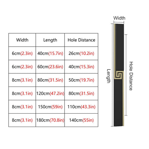 Diagram showing dimensions for two sided bronze long door pulls, including width, length, and hole distance for multiple sizes.
