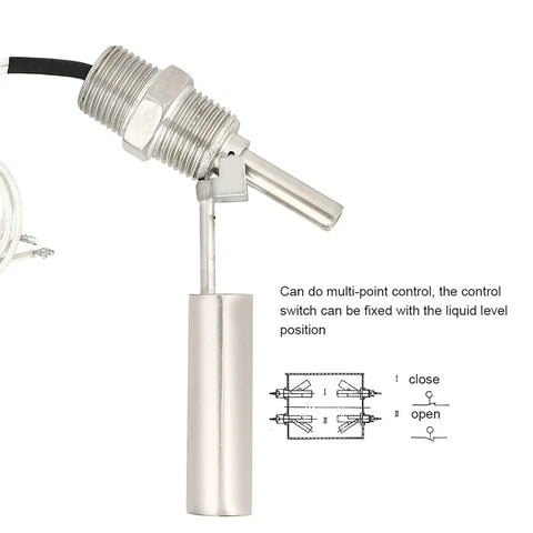 Beefy Liquid Level Sensor Stainless Steel Water Level Switch 110V 1/2 NPT Male Thread For Tank Pool Pond Garden Irrigation, Reliable Accurate Sensor For Water Management, shown with diagram.