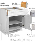 Diagram of Shaker Style Unassembled Base Kitchen Cabinet 9 W x 24 D x 34.5 H Brown with solid wood face, door frame, drawer, shelves, and hinges.