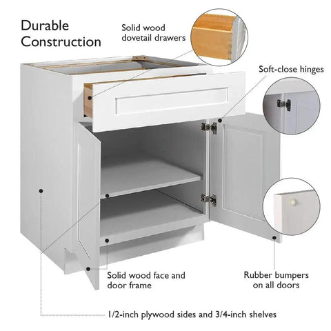Diagram of Shaker Style Unassembled Base Kitchen Cabinet 9 W x 24 D x 34.5 H Brown with solid wood face, door frame, drawer, shelves, and hinges.