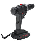 Badass Brushless Cordless Drill Set With A Beefy 350 Watt Motor And Swift 1450Rpm Speed For Straight Up Heavy Duty Wood And Steel Drilling Tasks Plus Twin Batteries And Carry Case, side view of cordless drill with battery.